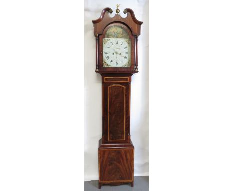 8 day painted arch dial longcase clock by John Macnab, Perth, contained within flame mahogany case. Two weights, pendulum and