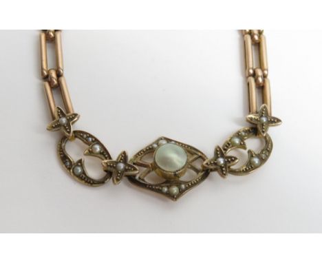 A seed pearl and blister pearl bracelet, stamped '9c' and CDB', the frontispiece to a double baton link back chain, 9.9 g gro