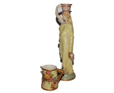 A Royal Worcester figurine of a lady in Classical style on a circular base and a Royal Worcester cream jug with floral and fo