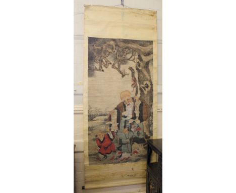 A late 19th century Chinese paper scroll depicting a scholar with children, 220cm x 90cm, fitted for hanging