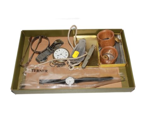 A box of collectable's, to include a silver bangle, pocket watch, various pen knives, etc