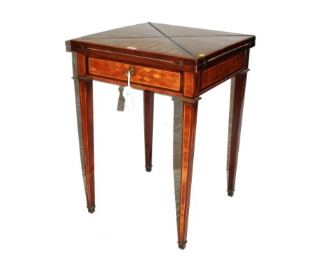 An Edwardian mahogany and satin wood cross banded envelope card table with baize top, lozenge-shaped marquetry design to the 