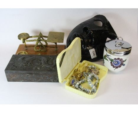 A small mahogany and brass Post Office scale, Chinese cigarette box, celluloid jewellery box, Royal Worcester egg coddler and