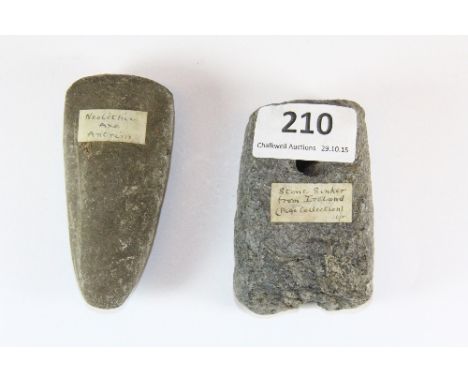 A Neolithic stone sinker Richardson collection (originally Page collection) together with a Neolithic axe head