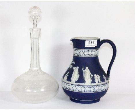 A Wedgwood milk jug (H 20cm) and an Edwardian etched glass decanter