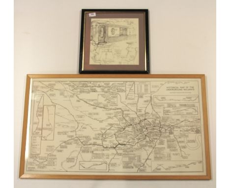 A framed historical map of the London Underground railways and a framed sketch of a Pullman railway carriage