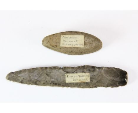 A Neolithic flint pick or spear head excavated in Denmark with a Viking period firestone also excavated in Denmark
