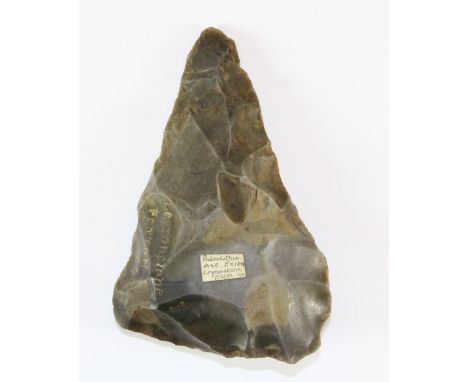 A Palaeolithic flint axe head excavated 1st May 1889 Leytonstone Essex Prov. Richardson collection, L 8.5cm