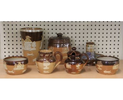 6 pieces of Doulton Harvest stoneware (the beaker with a silver rim) and a Royal Doulton candlestick