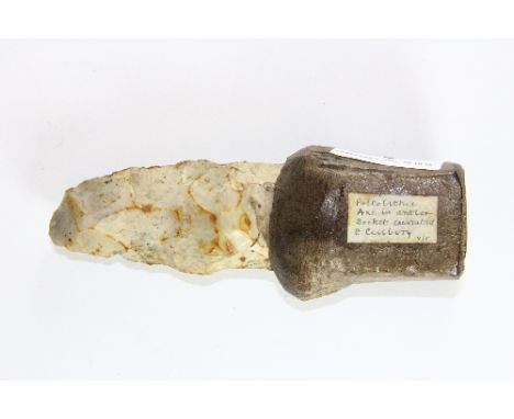 A Palaeolithic flint axe head in an antler socket, L 15cm