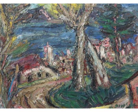 Strohhäcker, ReinholdNürtingen 1900 - 1975 Stuttgart, Maler und Grafiker. "Südliche Landschaft mit See" und baumbestandenen S