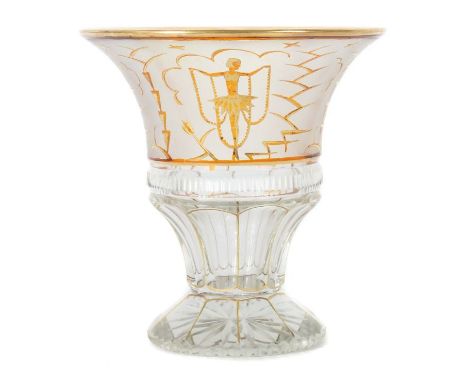 Art Déco Vase1920/30er Jahre, Böhmen, farbloses Glas, gepresst, geschliffen, part. vergoldet und gelb überfangen, part. matt 