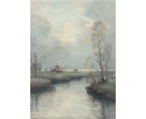 Baier, Hans K.Ulm 1918 - 1976 Oberstdorf, Landschaftsmaler. "Flusslandschaft", mit einzelnem Gehöft unter aufklarendem Himmel