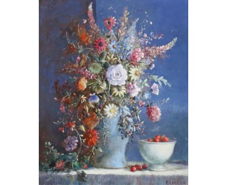 Cambier, GuyBrüssel 1923 - 2008, Genre-, Portrait- und Stilllebenmaler. "Blumenstillleben", prächtiger Sommerstrauß in hellbl