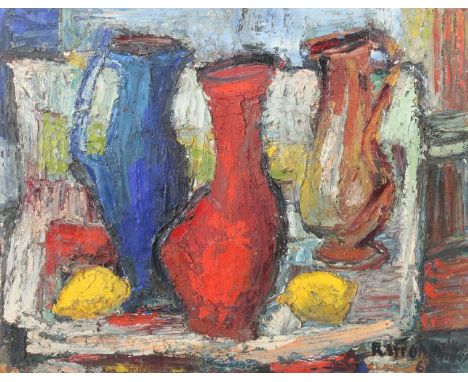 Strohhäcker, ReinholdNürtingen 1900 - 1975 Stuttgart, Maler und Grafiker. "Stillleben" mit Blumenvase und Zitronen in Interie