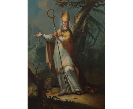 Heiligenmaler des 19. Jh."Hl. Ambrosius von Mailand", der Kirchenvater dargestellt im Bischofsornat mit Bischofsstab und sein