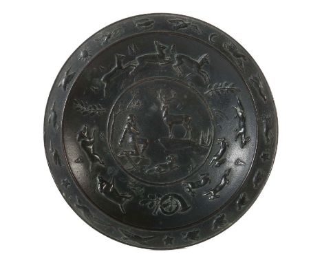 Monogrammist CK oder GKBildhauer 19./20. Jh.. Reliefteller "Heiliger Hubertus", um 1920, Bronze, im Fond Darstellung des Heil