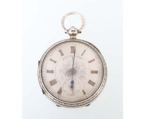 Taschenuhr mit graviertem SilbergehäuseEngland, um 1840, auf Zifferblatt bez. "John Forrest London", graviertes, versilbertes