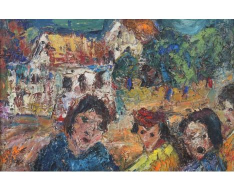 Strohhäcker, ReinholdNürtingen 1900 - 1975 Stuttgart, Maler und Grafiker. "Kinder vor Dorfkulisse", im Hintergrund Häuser und