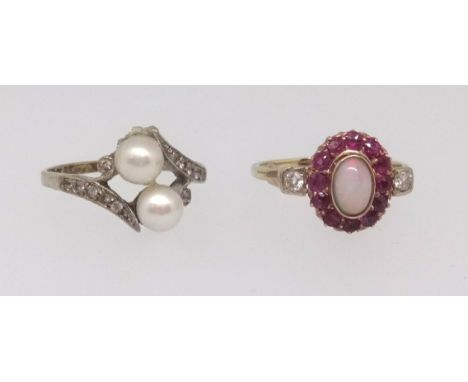 An 18ct opal cluster ring size N, together with a 9ct pearl cross over ring (2).