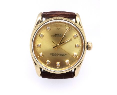 Rolex, a gents 14ct gold Oyster Perpetual chronometer wristwatch with diamond dot dial and leather strap.
