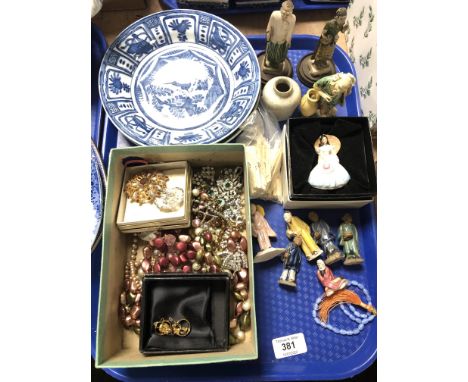 A tray of Oriental figures, costume jewellery, Doulton figure Annabel, pair of blue and white plates 