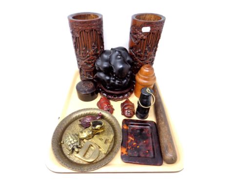 A tray of carved Chinese bamboo brush pots, Chinese hardwood carving of a weeping figure, miniature miners lamp, tortoiseshel