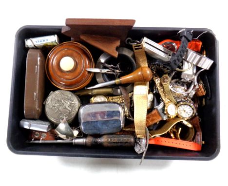 A box of quantity of lady's and gent's wristwatches, turned wooden trinket box, Salter pocket scale, snuff box, wooden watch 