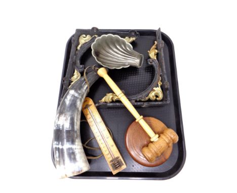 A tray of wooden gavel, pair of cast iron brackets, vintage thermometer, horn etc 