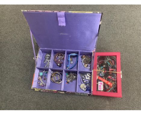 Two boxes of costume jewellery - rings, necklaces, bracelets, trinkets, fobs, watch, etc, etc.  (2) 