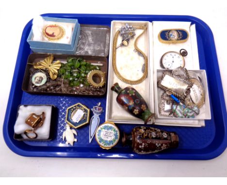 A tray of silver plated decanter labels, gun metal pocket watch, costume jewellery, Halcyon Days enamel pot, two small cloiso