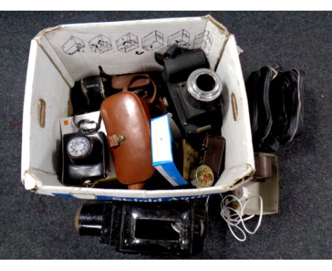 A box of magic lantern, Zenit EM camera and other related items 