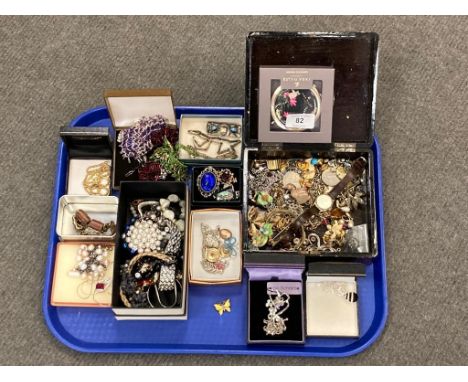 A tray of oriental lacquered jewellery box, costume jewellery, bead necklaces, wristwatch, compact, silver and enamel butterf