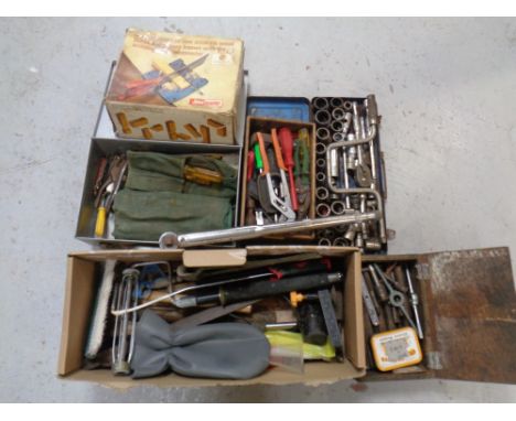 Six boxes of tools : hand tools, sawing jig, socket set etc 
