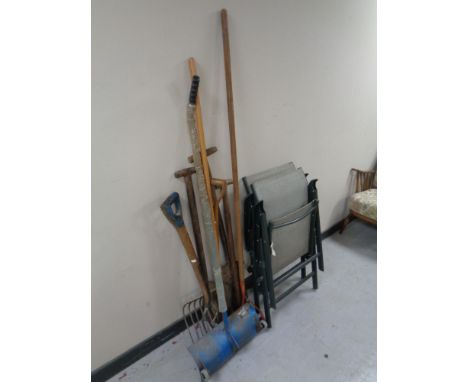 Two folding garden chairs and a quantity of tools 