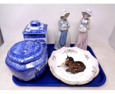 A tray of Ringtons and Maling blue and white caddies, Beswick foal figure, two Nao figures and Aynsley Wild Tudor bowl 