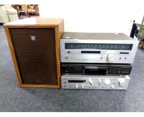 A Technics compact disc player together with a stereo integrated DC amplifier, Sansui tuner and pair of Sanyo speakers 