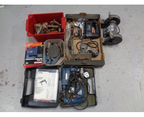 A quantity of power tools : AEG drills, NuTool bench grinder, hand tools etc 