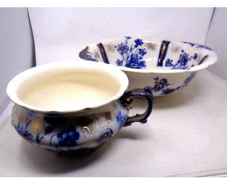 A 19th century blue and gilt wash basin together with a chamber pot 
