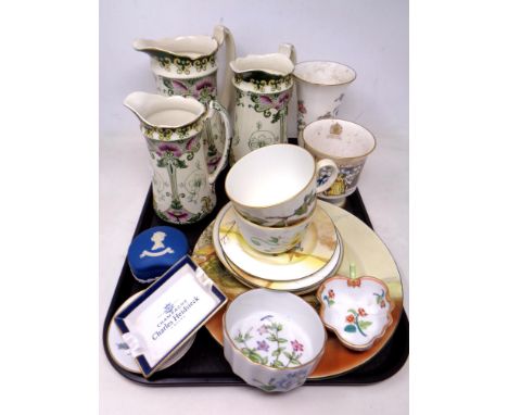 A tray of three graduated Burslem Art Nouveau jugs, Wedgwood trinket box, Royal Worcester Evesham china etc 