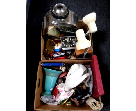 Two boxes of metal candle holder, lamp, mantle clock, ornaments, ceramics, carriage clock etc 