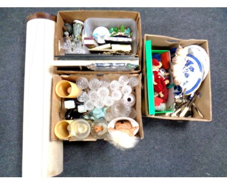 Three boxes of 20th century ornaments, glassware, mirrors, stainless serving tray, pictures etc, contemporary lamp, boxed dol