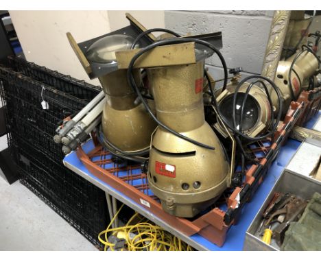 Crate of four Major spot lights and a tripod 