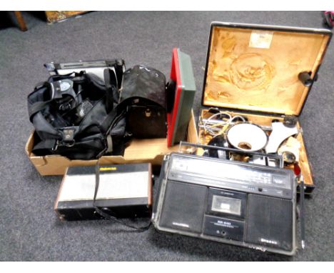 A box of electricals, Roberts radio, Kodak camera, Polaroid camera etc 