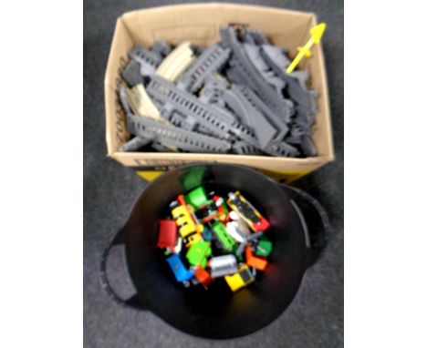 A box of Thomas the Tank Engine trains and track 