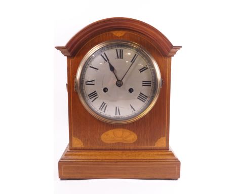 A late Georgian style mahogany striking bracket clock with inlaid decoration, 37cm high
