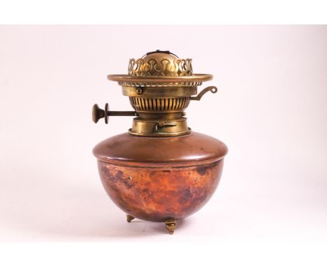 A W A S Benson copper &amp; brass mounted oil lamp marked Benson &amp; Co, 18cm high