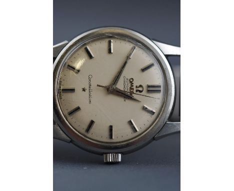A stainless steel Omega Constellation watch. Silver baton dial. Automatic chronometer movement. Fitted to a later expanding s