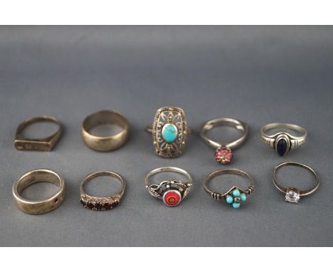 A collection of ten white metal rings of variable designs. All marked/stamped for sterling silver 925. Size range from K to Q