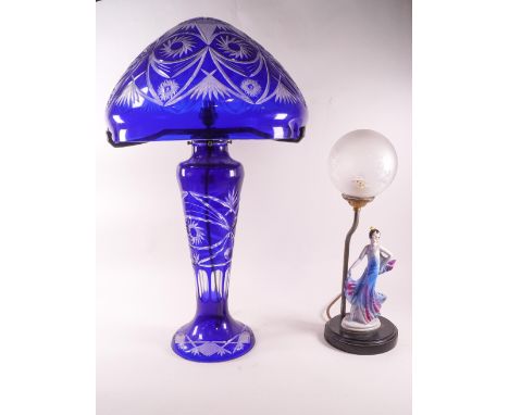 A Polish blue flashed and cur glass table lamp of mushroom domed shade style on a tapered baluster base, 57cm high, and anoth